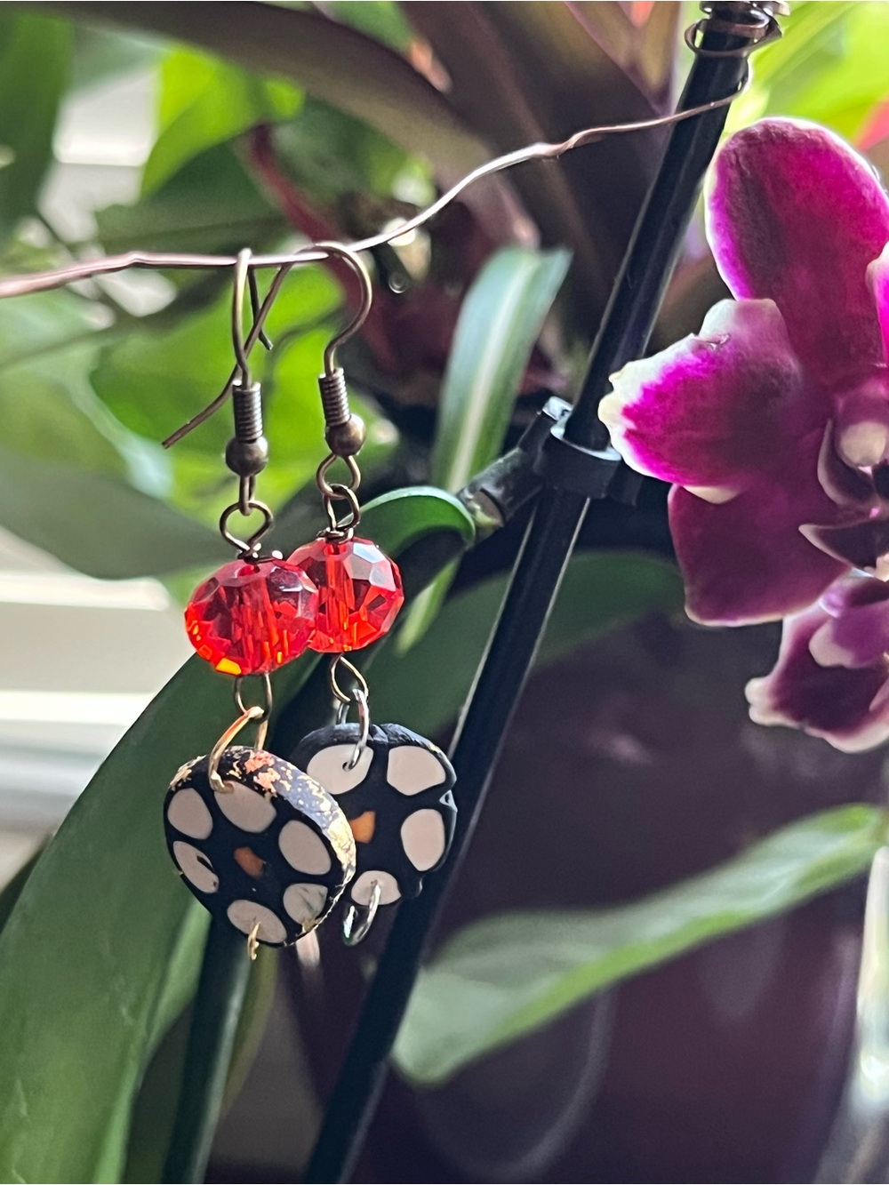Handmade polymer clay Black & Red Glass Bead Drop Earrings